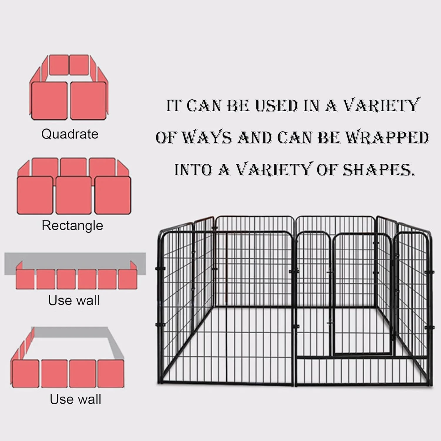 محوطه بازی توله سگ MyLink با درب، 8 تکه فلزی سنگین مشکی، حصار بدون نیاز به حفاری برای حیوانات، مناسب برای بازی و ورزش حیوانات خانگی، حصار باغچه و حیاط، حصار سگ در فضای باز، 80 سانتی متر در 6.4 متر