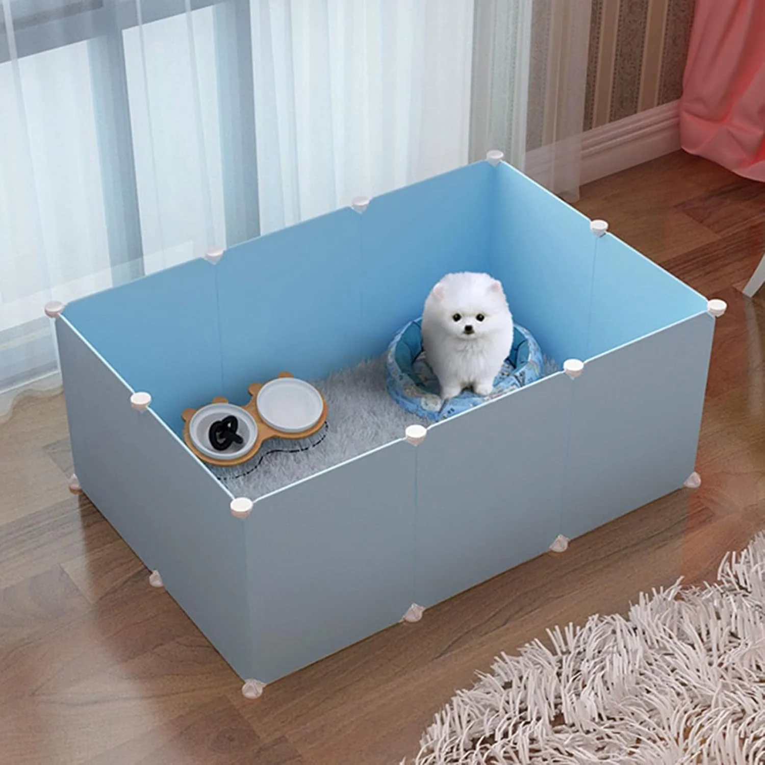 محوطه بازی سگ و حیوانات خانگی BaiBnn، قفس پلاستیکی کوچک، محوطه باز DIY قابل گسترش، تاشو، مناسب خواب و بازی برای توله سگ، بچه گربه، خرگوش (اندازه: 111 * 75 * 47 سانتی متر، رنگ: آبی)