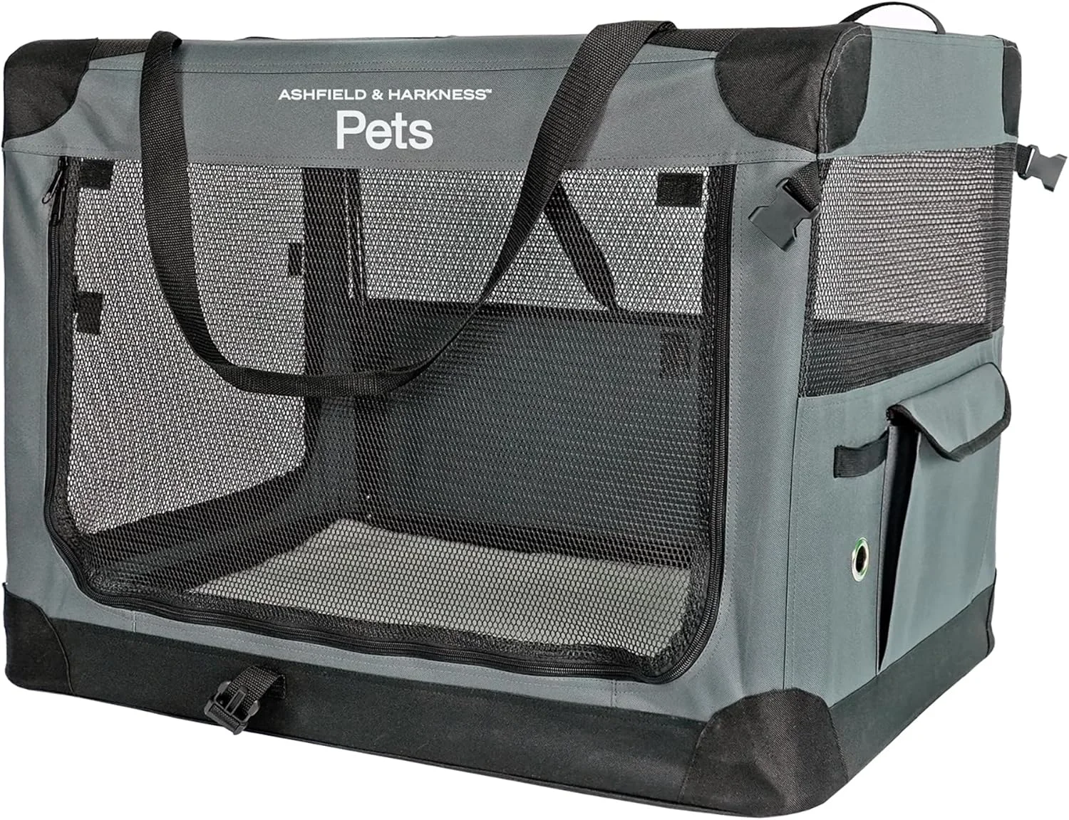 آشفیلد اند هارکنس: باکس نرم تاشو سگ - 90 سانتی متر - خاکستری، دارای تشک با روکش شرپا، پنجره های توری بادوام، لانه حیوانات خانگی تاشو قابل حمل، مناسب برای داخل و خارج از خانه