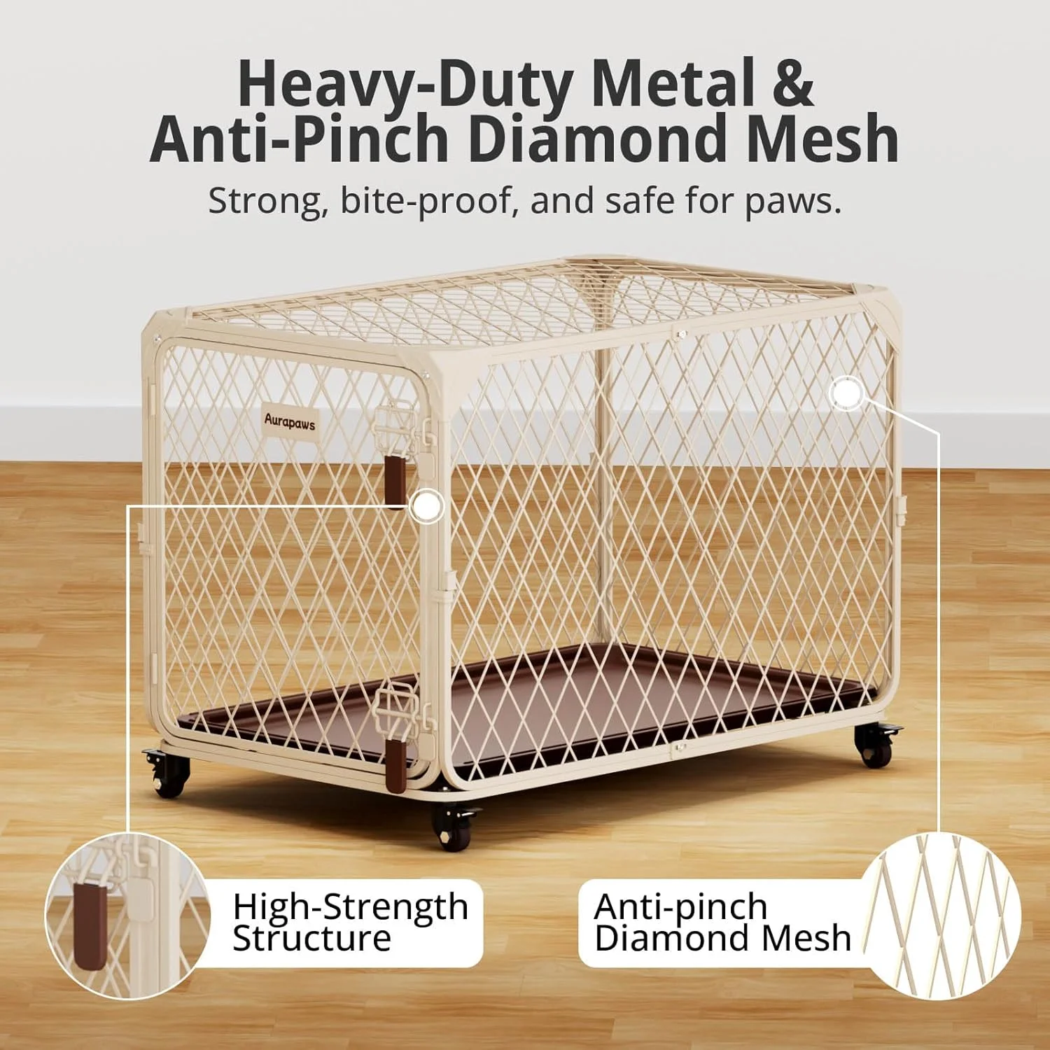قفس سگ Aurapaws، لانه سگ توری الماسی تقویت شده 36 اینچی با 4 چرخ قفل‌دار، سینی ضد نشت، قفس فلزی برای سگ‌های متوسط و بزرگ، حیوانات خانگی تا وزن 45 کیلوگرم، ایده‌آل برای استفاده در داخل و خارج از منزل