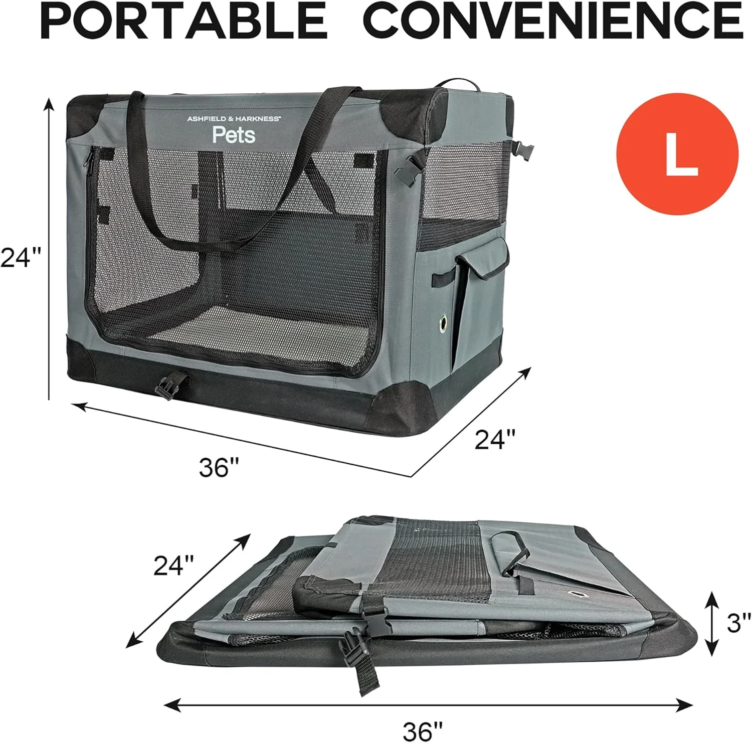 آشفیلد اند هارکنس: باکس نرم تاشو سگ - 90 سانتی متر - خاکستری، دارای تشک با روکش شرپا، پنجره های توری بادوام، لانه حیوانات خانگی تاشو قابل حمل، مناسب برای داخل و خارج از خانه