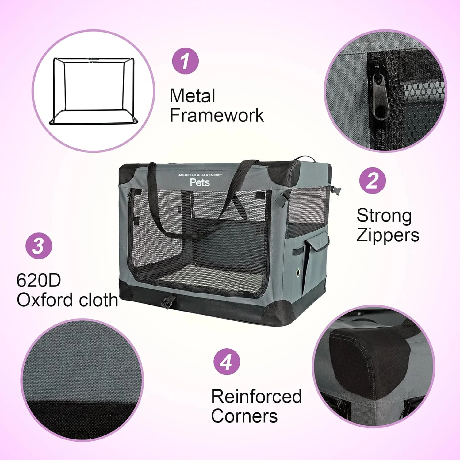 آشفیلد اند هارکنس: باکس نرم تاشو سگ - 90 سانتی متر - خاکستری، دارای تشک با روکش شرپا، پنجره های توری بادوام، لانه حیوانات خانگی تاشو قابل حمل، مناسب برای داخل و خارج از خانه