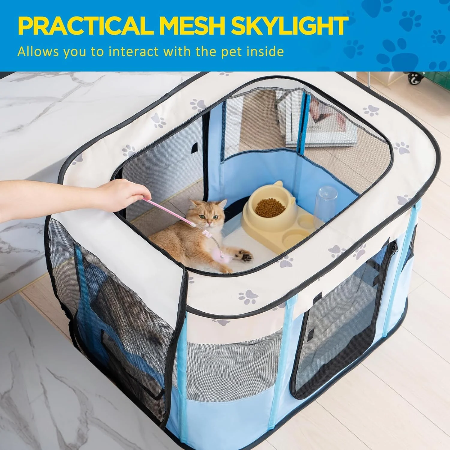 محوطه بازی قابل حمل آونت برای سگ و گربه، قفس تاشو خرگوش، چادر سایه بان برای محوطه داخلی و خارجی - آبی سایز S