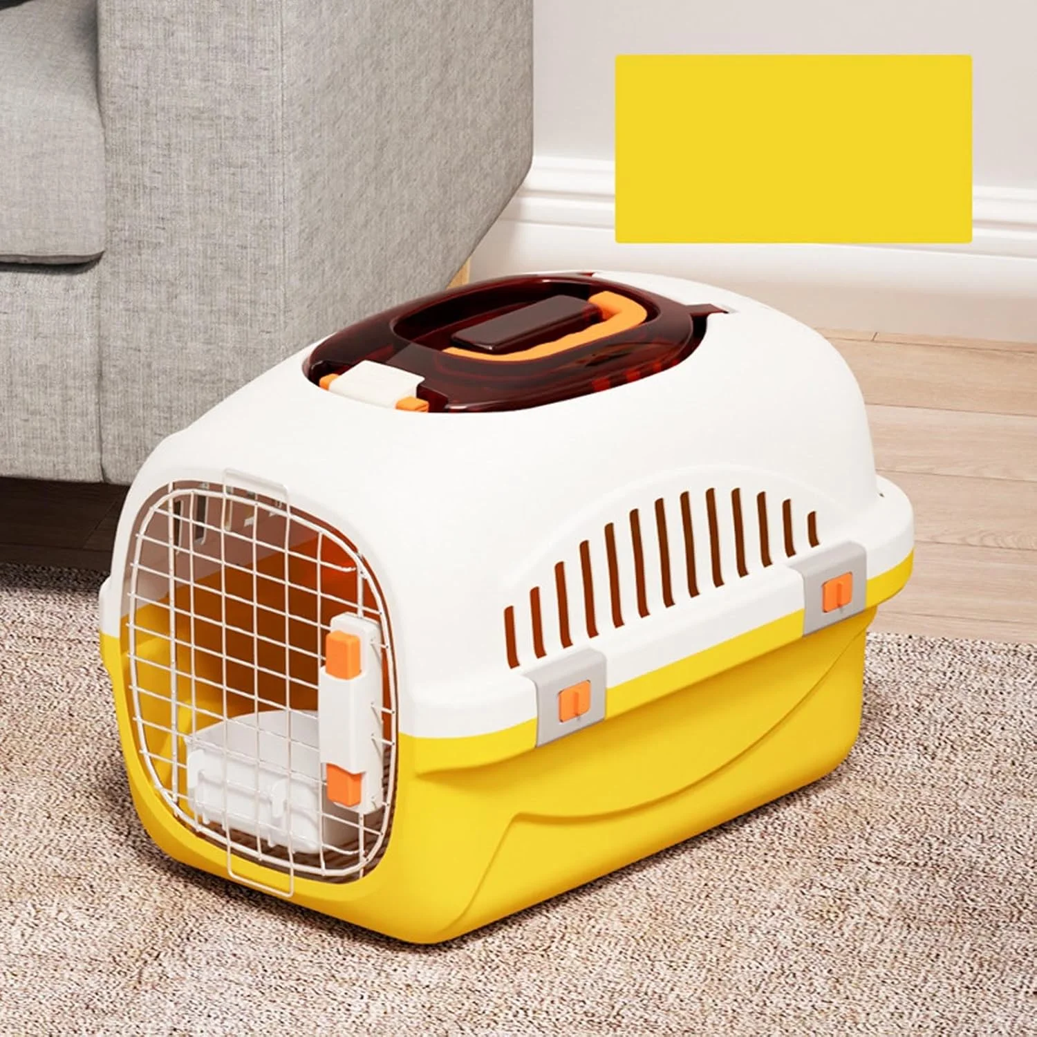 آشیانه سگ Asixxsix، باکس حمل سگ مسافرتی جداشدنی با پنجره و دسته بالایی، باکس حمل حیوانات خانگی مناسب هواپیما، 50x33x31 سانتی متر، باکس حمل کوچک سگ و گربه برای خانه و مسافرت (زرد)