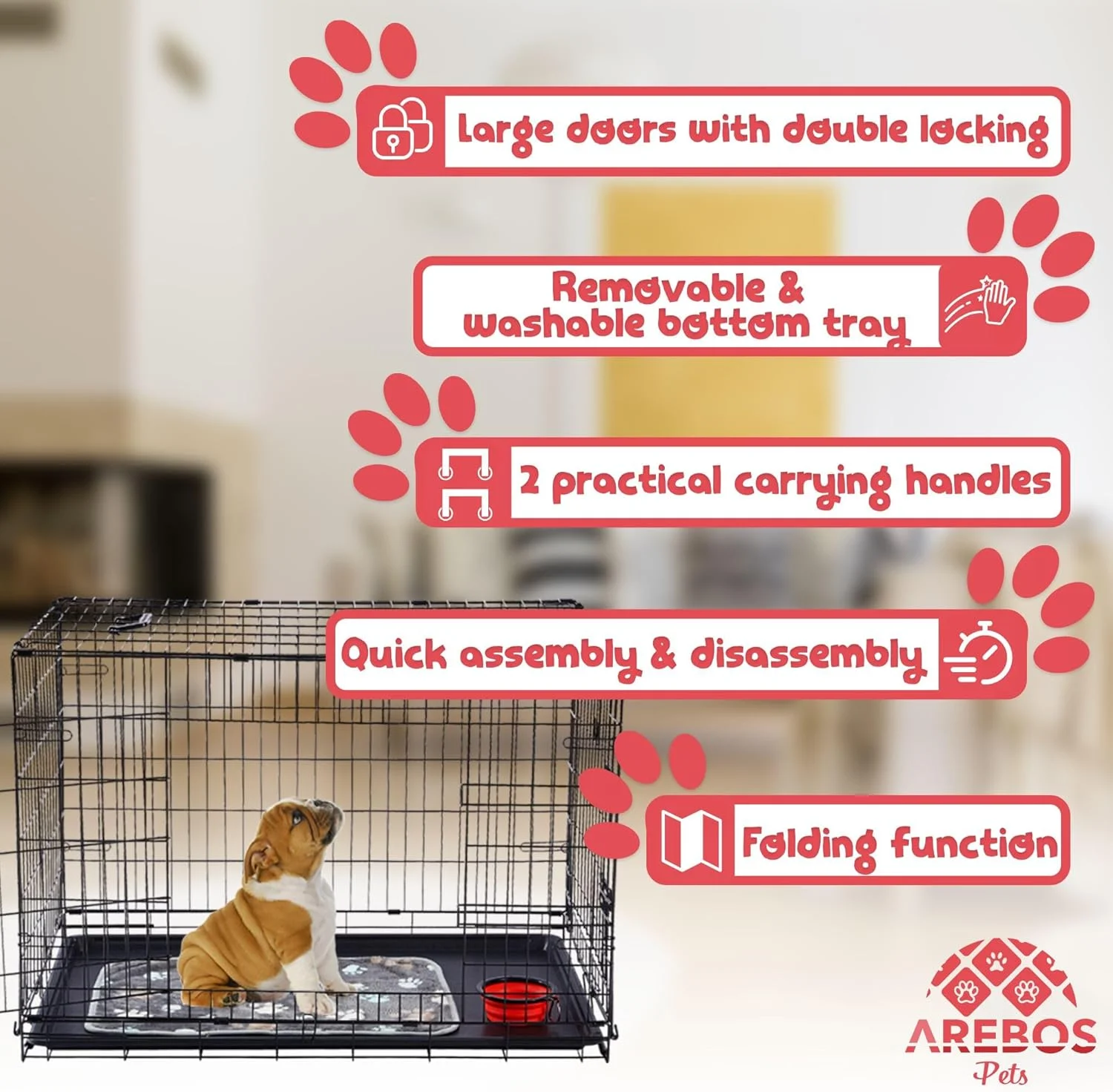 قفس سگ آرِبوس 77.5 x 53 x 59 سانتی متر | باکس حمل سگ تاشو مناسب خودرو | باکس سگ تاشو | باکس حمل سگ با 2 درب | قفس سگ برای منزل به همراه پتو نرم و کاسه | مشکی سایز M