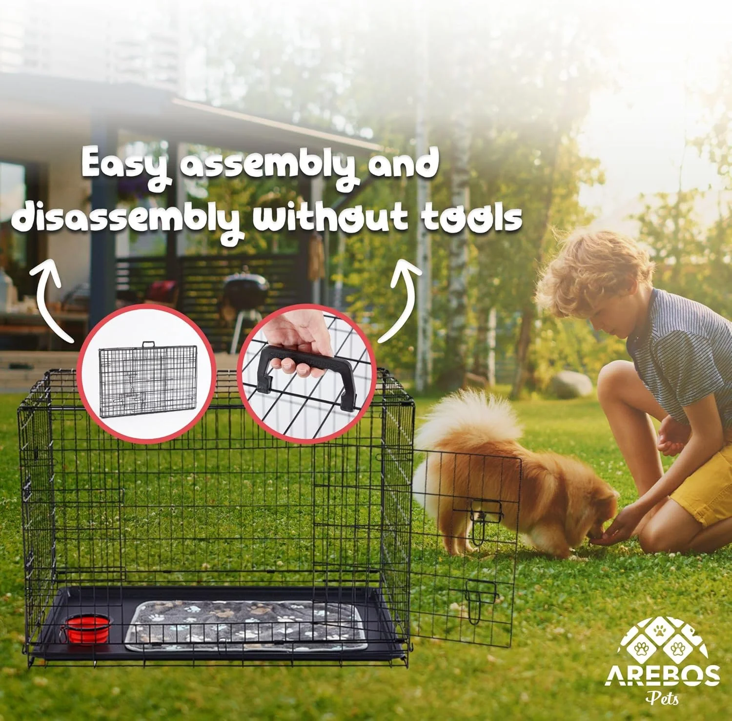 قفس سگ آرِبوس 77.5 x 53 x 59 سانتی متر | باکس حمل سگ تاشو مناسب خودرو | باکس سگ تاشو | باکس حمل سگ با 2 درب | قفس سگ برای منزل به همراه پتو نرم و کاسه | مشکی سایز M