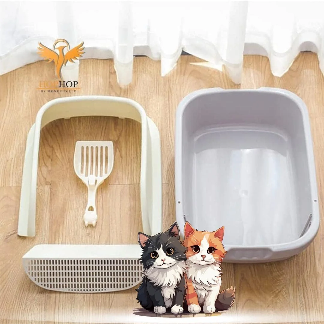 جعبه بستر گربه پایه HopHop®، توالت گربه ضد پاشش با بیلچه تمیز کننده بستر، جعبه زباله قابل حمل، جعبه شنی گربه و ظرف گربه خوشبو کننده، آموزش دستشویی بچه گربه (52 x 36 x 22 سانتی متر) (کوچک)
