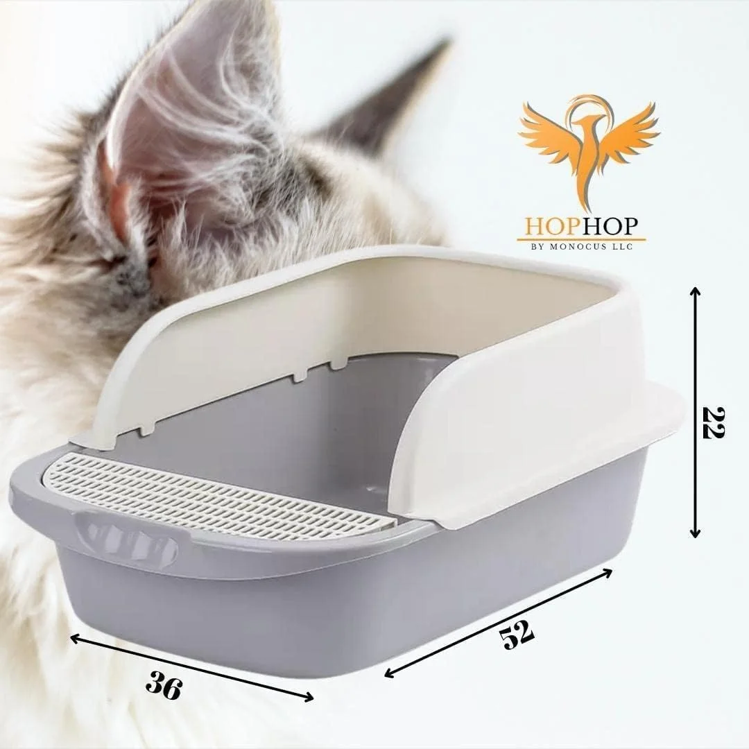 جعبه بستر گربه پایه HopHop®، توالت گربه ضد پاشش با بیلچه تمیز کننده بستر، جعبه زباله قابل حمل، جعبه شنی گربه و ظرف گربه خوشبو کننده، آموزش دستشویی بچه گربه (52 x 36 x 22 سانتی متر) (کوچک)