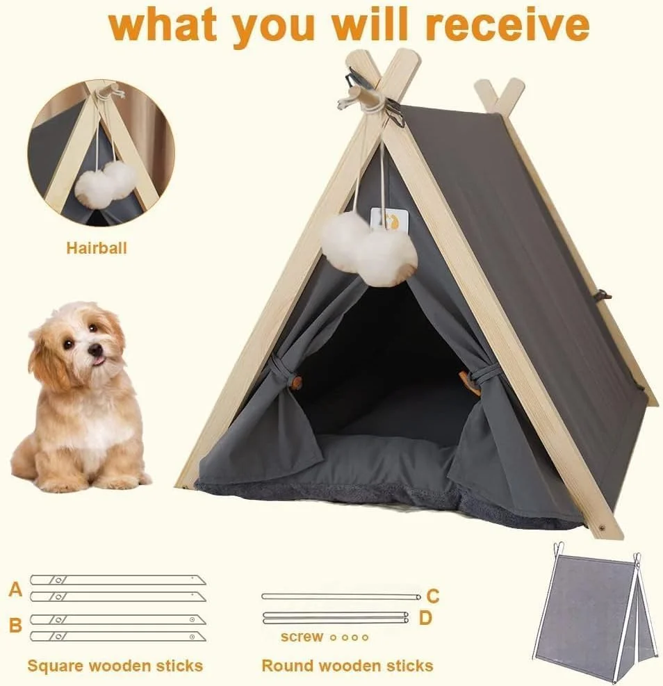 تیپی حیوانات خانگی Aputue، چادر بزرگ گربه و سگ 60×55×63 سانتی متر با کوسن قابل جابجایی، خانه حیوانات خانگی قابل حمل برای سگ های کوچک تا متوسط، تخت تیپی داخلی و خارجی برای توله سگ ها و بچه گربه ها