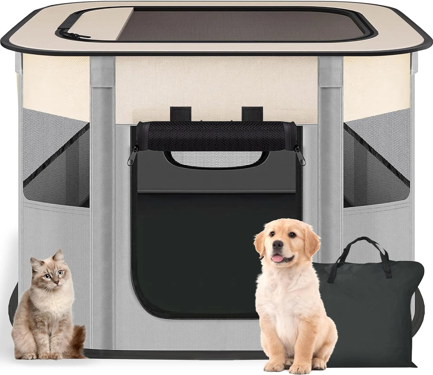 محوطه بازی تاشو آنکیلا برای سگ، قفس سگ قابل حمل، چادر لانه حیوانات خانگی، محوطه بازی توله سگ برای استفاده در داخل و خارج از منزل، کمپینگ با کیف حمل برای حیوانات کوچک یا متوسط، ​​خرگوش، گربه (خاکستری)