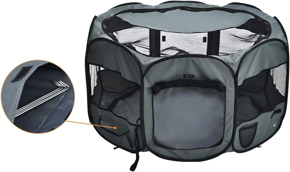 محوطه بازی تاشو و قابل حمل سگ آمازون بیسیکس، بزرگ (114x114x61 سانتی متر)، خاکستری