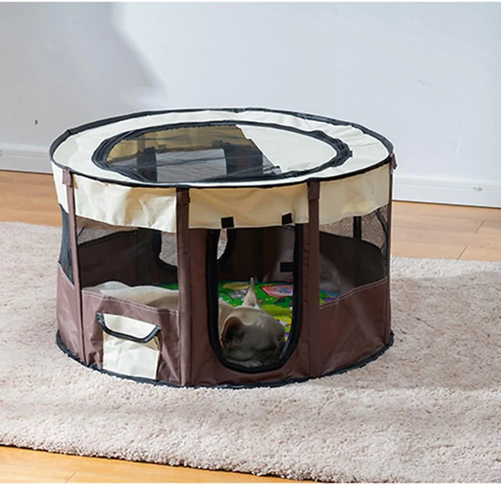 AnsonBoy Outdoors Dog Cat House for Small Large Dogs Breathable Portable Dog Tent Foldable Dogs House Round Pet Playpen,Brown,Large size