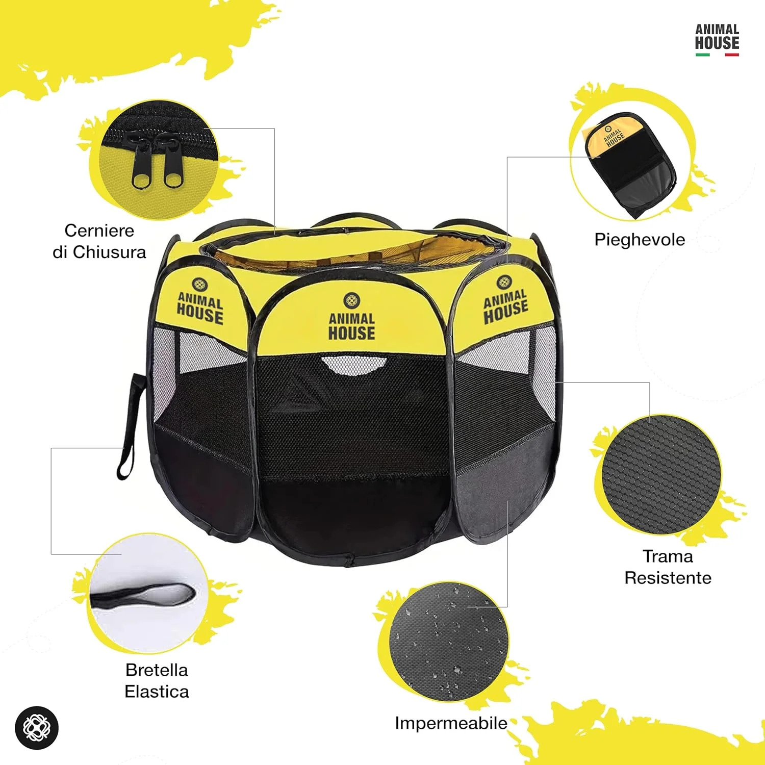 خانه حیوانات، پارک بازی تاشو برای توله سگ ها، سگ ها، گربه ها و خرگوش ها: چند منظوره و قابل حمل، ایده آل برای استفاده در محیط داخلی، 91 x 91 x 58 سانتی متر (زرد، متوسط)