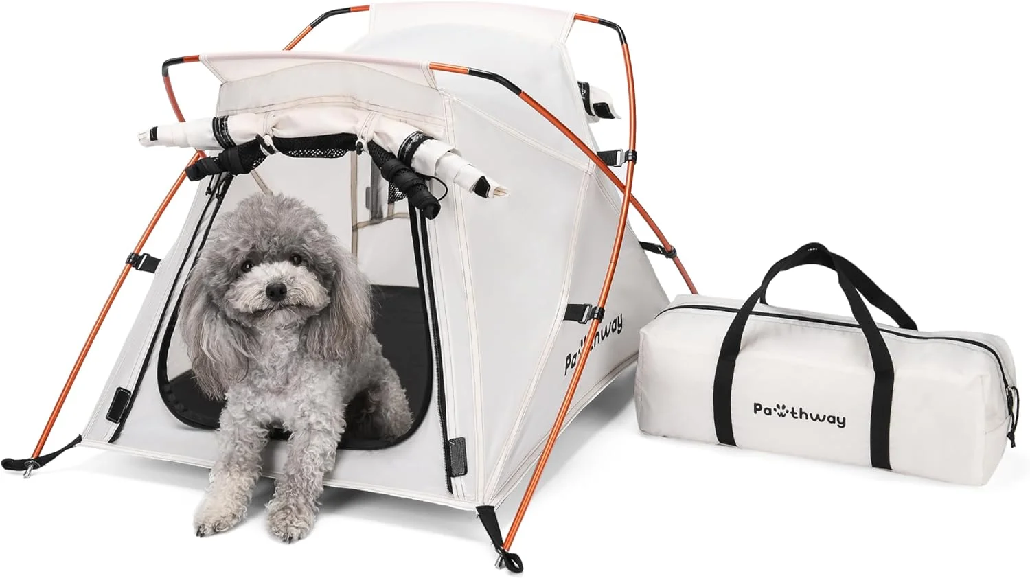 چادر سگ و گربه با میله های آلومینیومی و زیرانداز کمپینگ، چادر ضد آب حیوانات خانگی مناسب فضای باز با درب توری زیپ دار، خانه سگ، خانه گربه، پارک بازی حیوانات خانگی، قابل حمل و تاشو (سفید، کوچک)