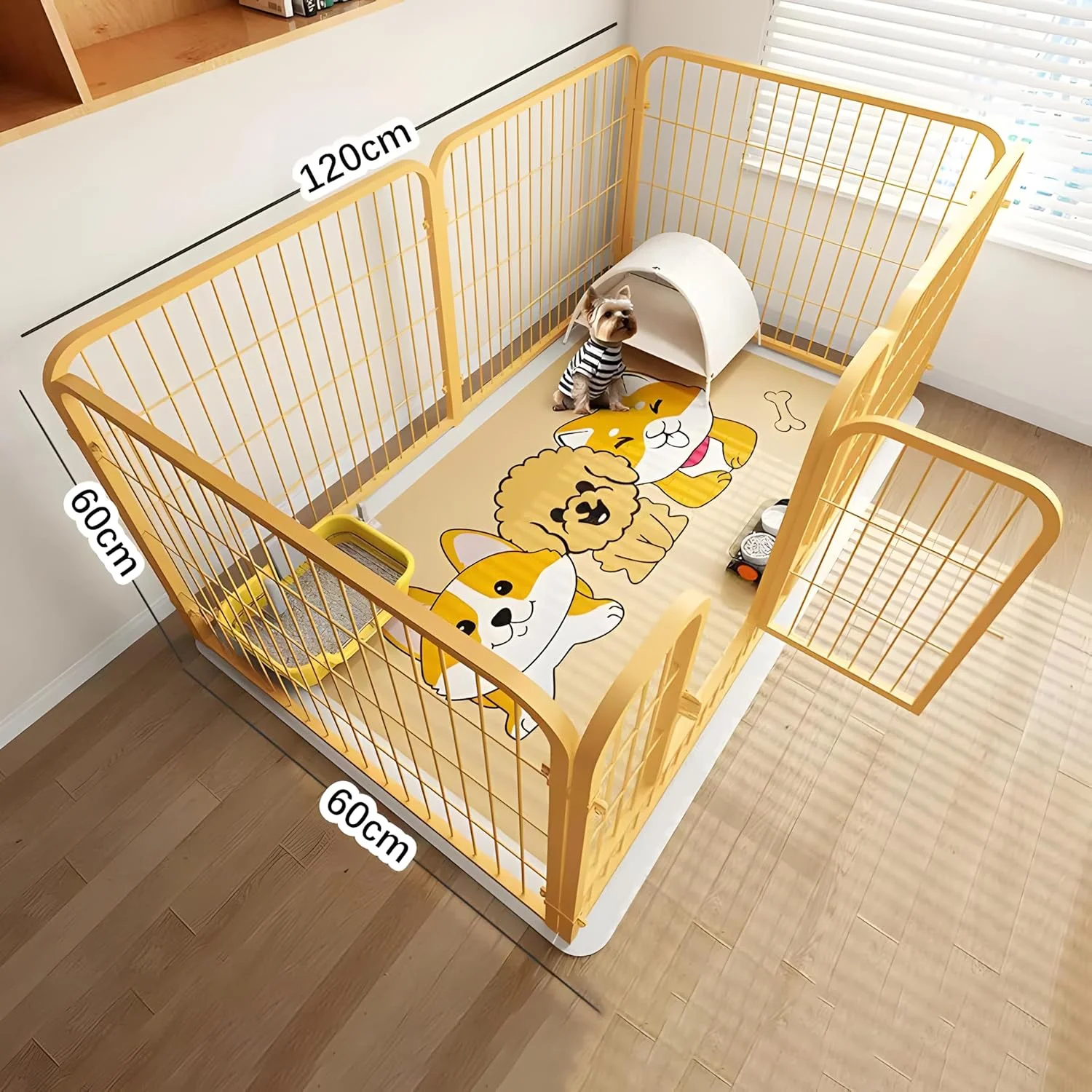 محوطه بازی توله سگ فلزی AI LIFE - محوطه تمرین سگ تاشو 6 پانلی با قسمت توالت، 122x61x61 سانتی متر، حصار حیوانات خانگی قابل حمل داخلی/خارجی برای سگ های کوچک (طلایی)