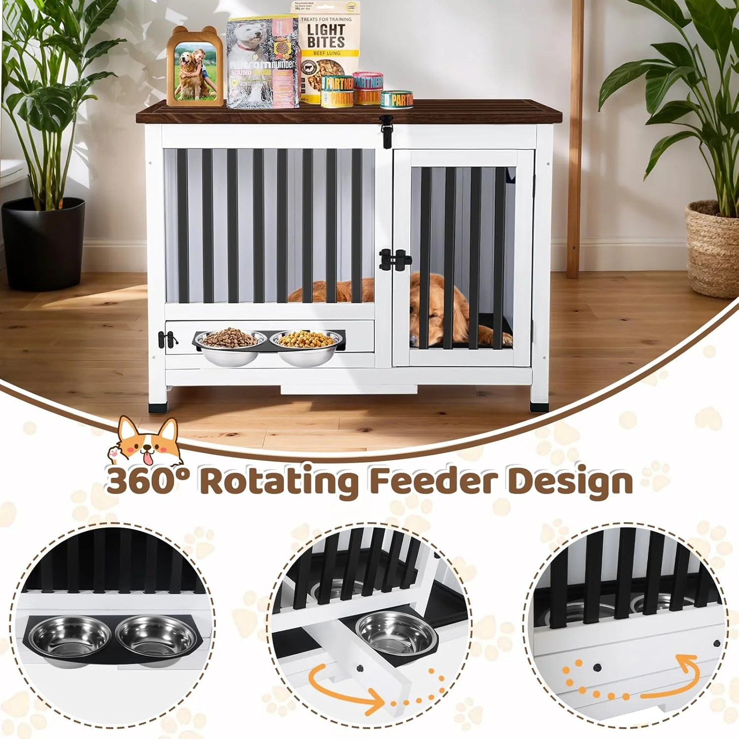 قفس سگ چوبی چند منظوره Agitree به طول 33.3 اینچ - میز کنار تختی قفس سگ با قابلیت چرخش 360 درجه برای سگ های کوچک و متوسط ​​همراه با سینی قابل جابجایی، مونتاژ آسان، تمیز کردن آسان