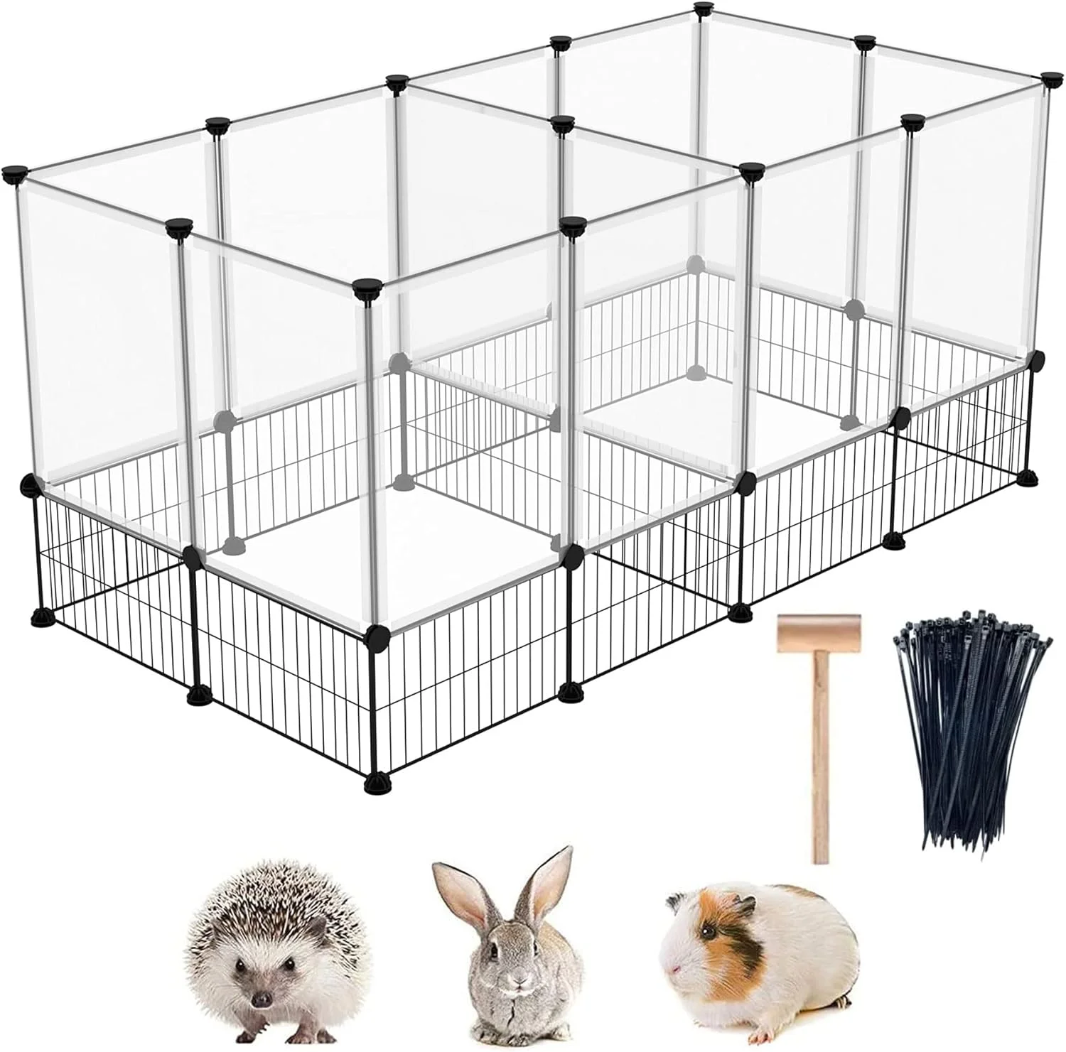 محوطه بازی حیوانات خانگی C&AHOME، محوطه بازی داخلی حیوانات کوچک، حصار ورزشی DIY، قفس محوطه بازی، طراحی گسترده و قابل حمل برای خرگوش، راسو، جوجه تیغی، 156 سانتی متر طول x 64.5 سانتی متر عرض x 56.6 سانتی متر ارتفاع، شفاف و مشکی UTW3040W