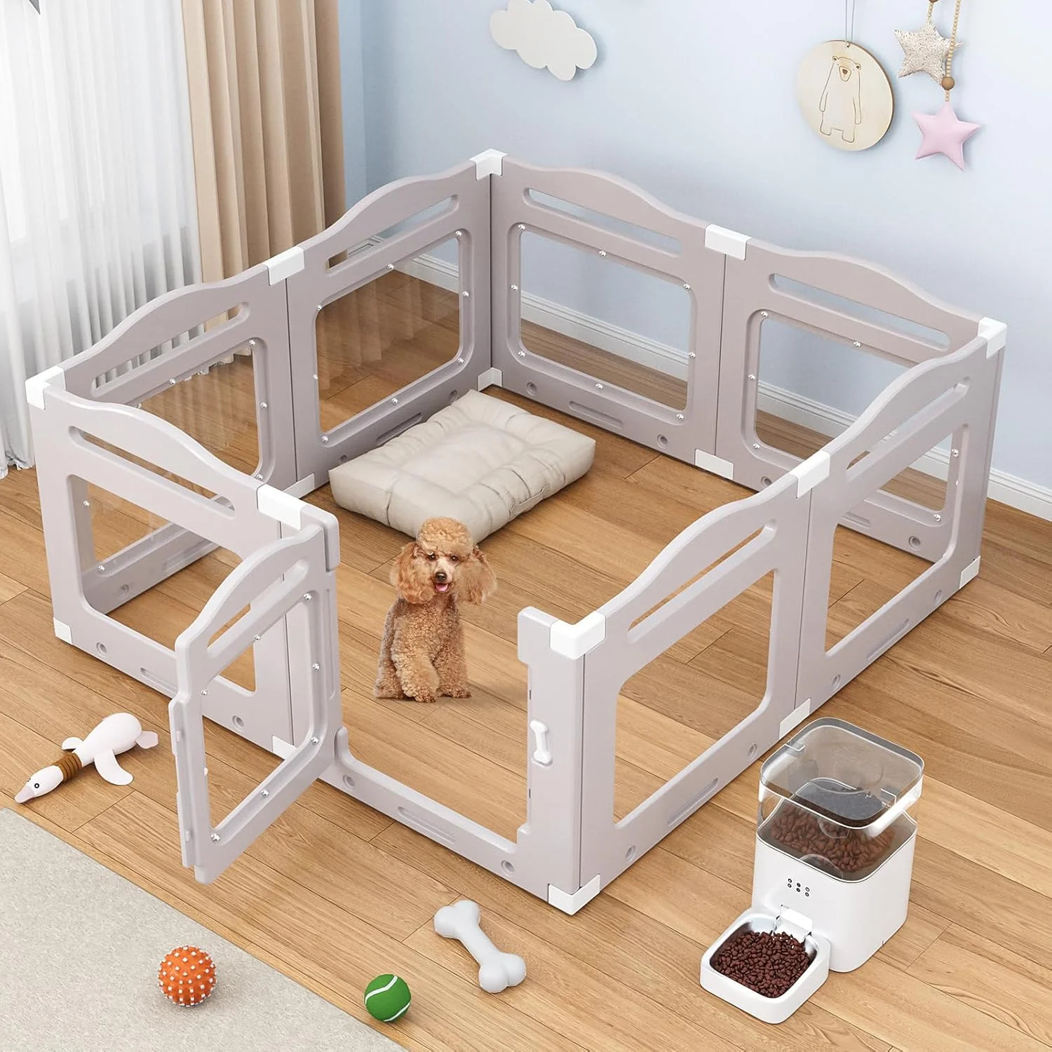 محوطه بازی سگ اکریلیک، محوطه بازی حیوانات خانگی کوچک برای توله سگ، گربه، ابعاد 129 در 129 در 60 سانتی متر، محوطه بازی شفاف برای گربه، خرگوش، راسو، قفس زایمان (زردآلویی خاکستری، 8 پنل)