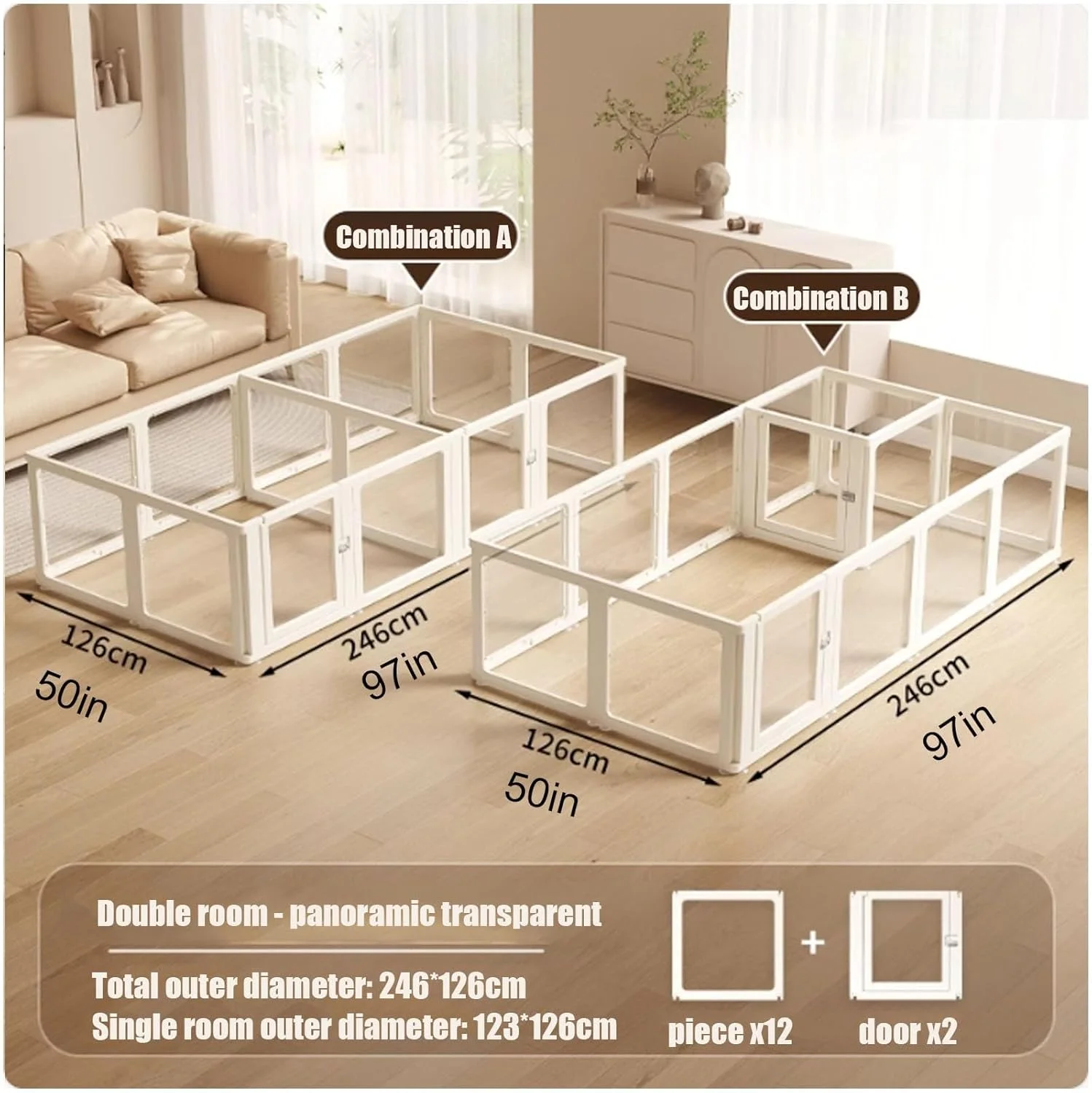 محوطه بازی سگ اکریلیک شفاف، حصار سگ داخلی، محوطه بازی اکریلیک برای سگ ها، دروازه حیوانات خانگی سگ داخلی با درب، محکم و تمیز کردن آسان، برای حیوانات خانگی کوچک تا متوسط ​​و توله سگ ها (ارتفاع 60 سانتی متر، 246x126 سانتی متر)