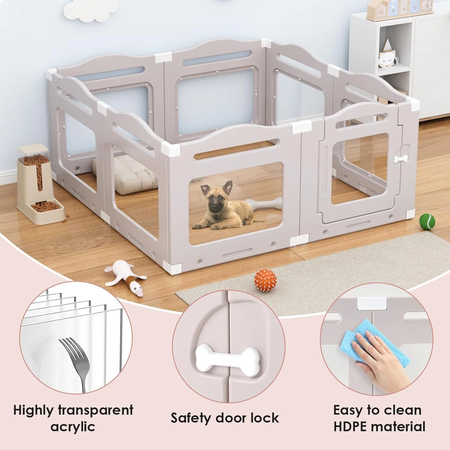 محوطه بازی سگ اکریلیک، محوطه بازی حیوانات خانگی کوچک برای توله سگ، گربه، ابعاد 129 در 129 در 60 سانتی متر، محوطه بازی شفاف برای گربه، خرگوش، راسو، قفس زایمان (زردآلویی خاکستری، 8 پنل)