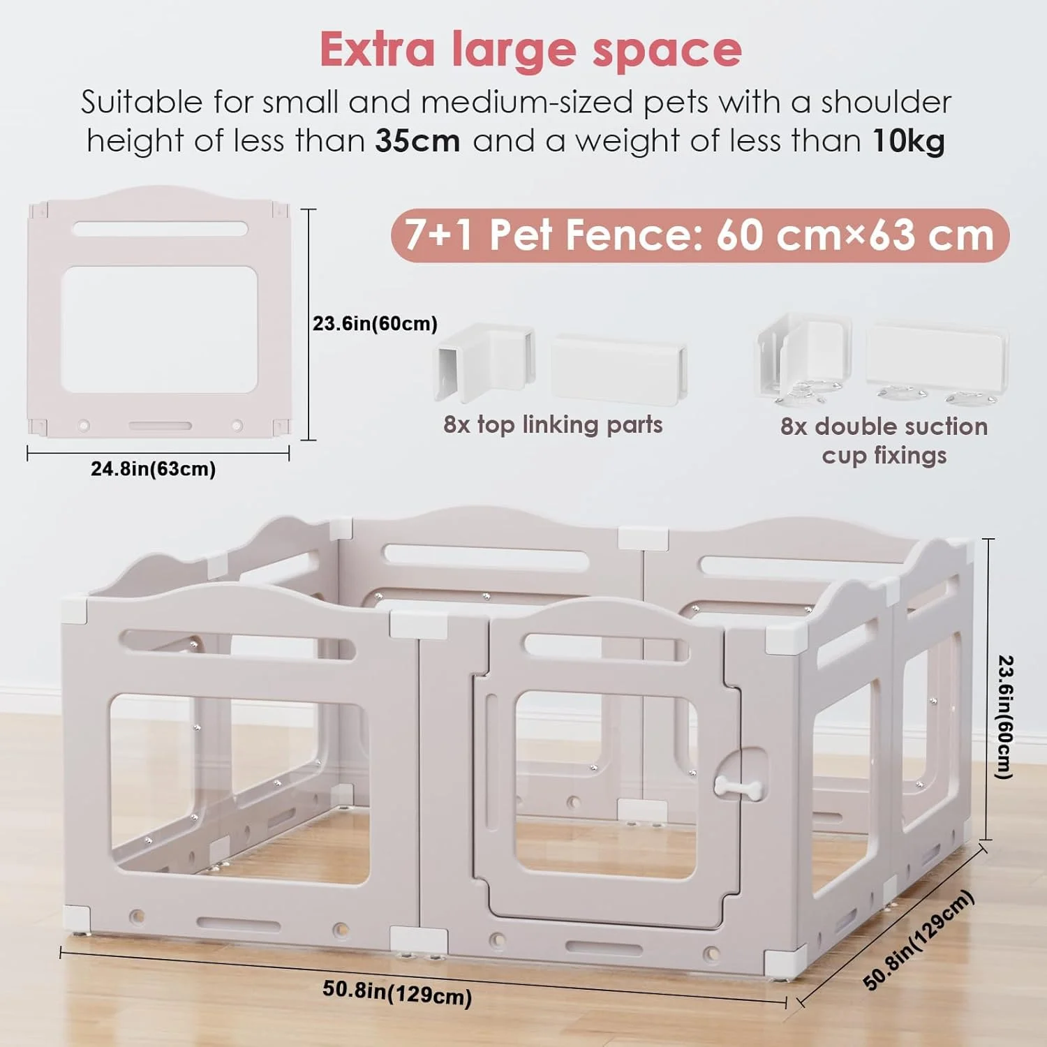 محوطه بازی سگ اکریلیک، محوطه بازی حیوانات خانگی کوچک برای توله سگ، گربه، ابعاد 129 در 129 در 60 سانتی متر، محوطه بازی شفاف برای گربه، خرگوش، راسو، قفس زایمان (زردآلویی خاکستری، 8 پنل)
