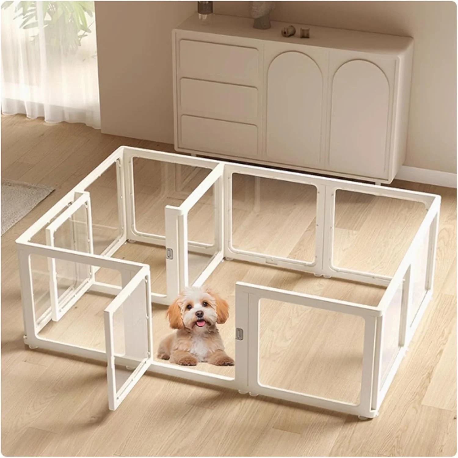 محوطه بازی سگ آکریلیک شفاف، حصار سگ داخلی، محوطه بازی حیوانات خانگی، حصار سگ شفاف، حصار قابل حمل و بادوام، موانع سگ برای خانه، خانه، پله ها، شومینه (ارتفاع 60 سانتی متر، 4 پنل)