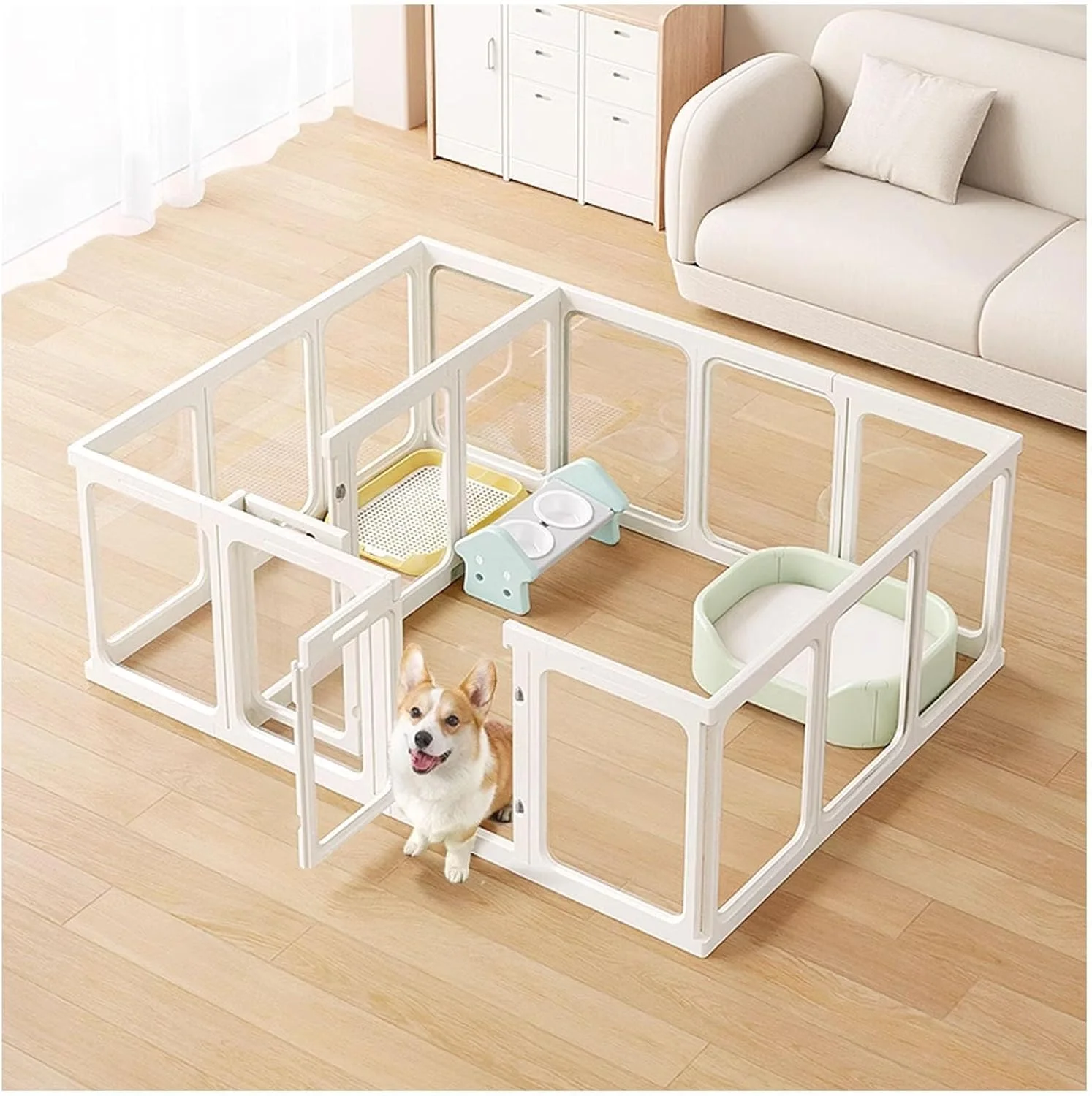 محوطه بازی توله سگ اکریلیک، دروازه حیوانات خانگی فوق عریض و محوطه بازی سگ، حصار سگ، محوطه بازی حیوانات خانگی، حصار قابل حمل و بادوام، حصار محکم و با تمیز کردن آسان، موانع سگ برای خانه، خانه، پله ها (H75CM، B-126x66cm/50x26IN)