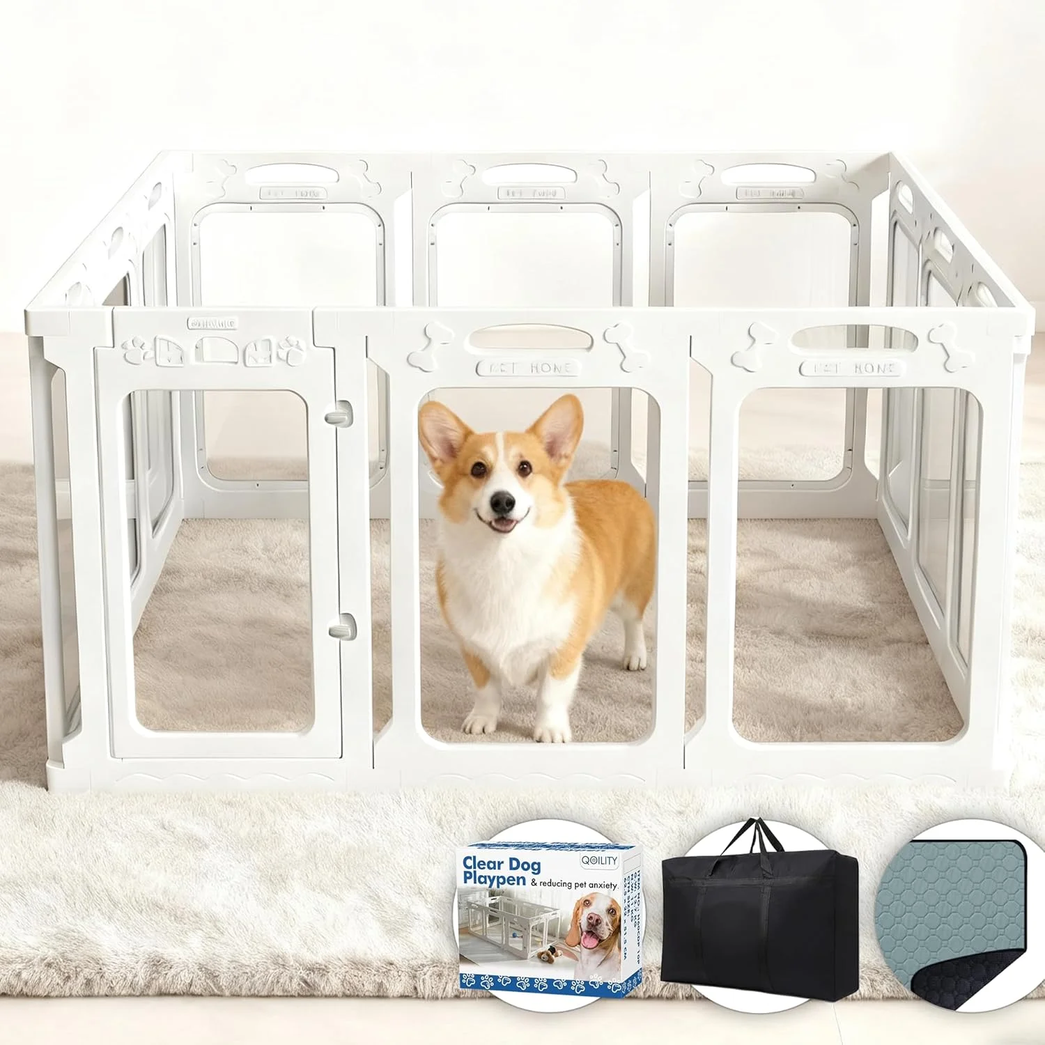 محوطه بازی سگ آکریلیک شفاف 142x142 سانتی متر، به طور موثر اضطراب حیوانات خانگی در داخل خانه را کاهش می دهد، مناسب برای توله سگ و سگ های کوچک، سفید