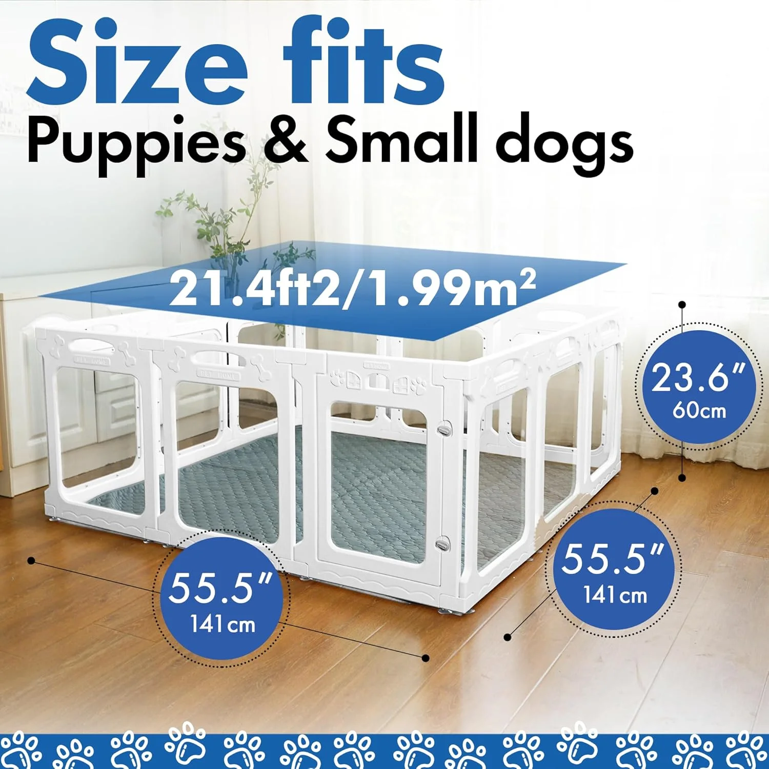 محوطه بازی سگ آکریلیک شفاف 142x142 سانتی متر، به طور موثر اضطراب حیوانات خانگی در داخل خانه را کاهش می دهد، مناسب برای توله سگ و سگ های کوچک، سفید