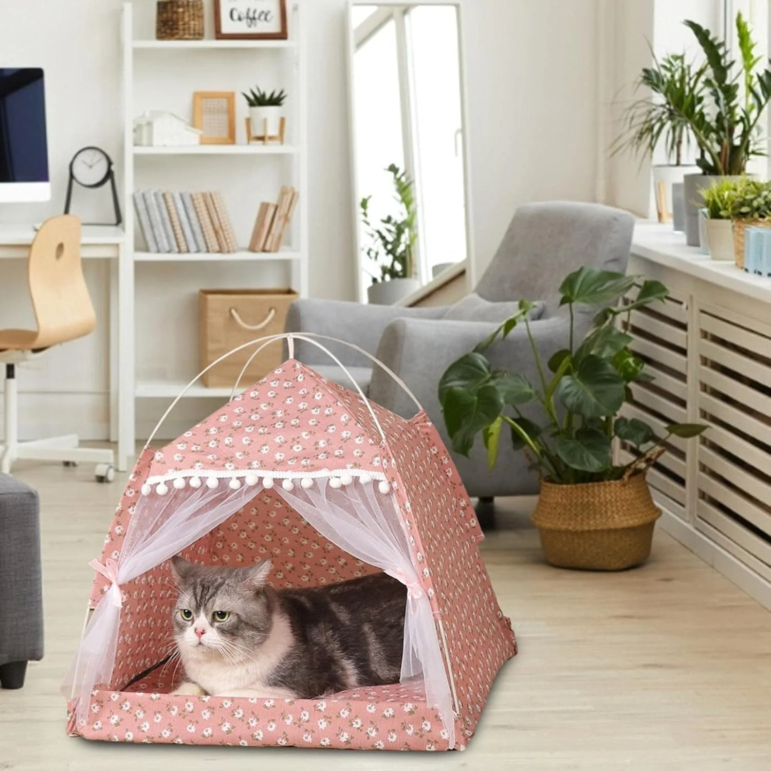 چادر حیوانات خانگی تابستانی زیبا (38x38x38 سانتی متر)، چادر با لبه توری، چادر نیمه محصور حیوانات خانگی، تخت حیوانات خانگی قفس سگ در فضای باز خانه بچه گربه خانه خواب گربه لانه حیوانات خانگی، این سایز برای حیوانات خانگی تا وزن 5 کیلوگرم مناسب است.