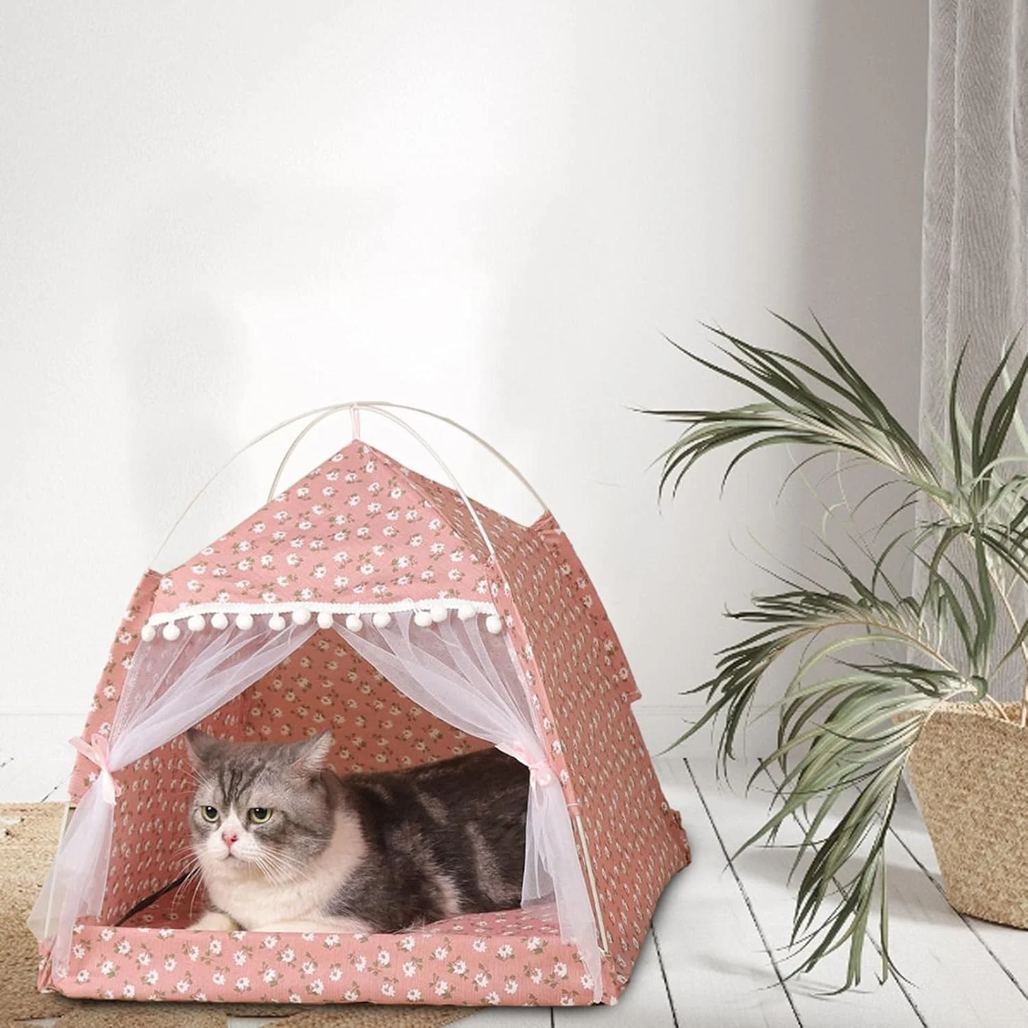 چادر حیوانات خانگی تابستانی زیبا (38x38x38 سانتی متر)، چادر با لبه توری، چادر نیمه محصور حیوانات خانگی، تخت حیوانات خانگی قفس سگ در فضای باز خانه بچه گربه خانه خواب گربه لانه حیوانات خانگی، این سایز برای حیوانات خانگی تا وزن 5 کیلوگرم مناسب است.