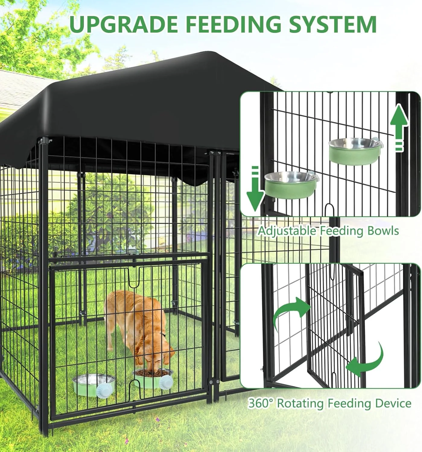 قفس سگ فضای باز 1R2P3I با دروازه غذا دهی، 120 سانتی متر طول، 120 سانتی متر عرض، 135 سانتی متر ارتفاع، قفس بزرگ سگ در فضای باز با سقف ضد آب برای همه نوع آب و هوا، قفس فلزی سگ در فضای باز با کاسه های چرخشی غذا قفس سگ فضای باز 1R2P3I با دروازه غذا دهی، 120 سانتی متر طول، 120 سانتی متر عرض، 135 سانتی متر ارتفاع، قفس بزرگ سگ در فضای باز با سقف ضد آب برای همه نوع آب و هوا، قفس فلزی سگ در فضای باز با کاسه های چرخشی غذا