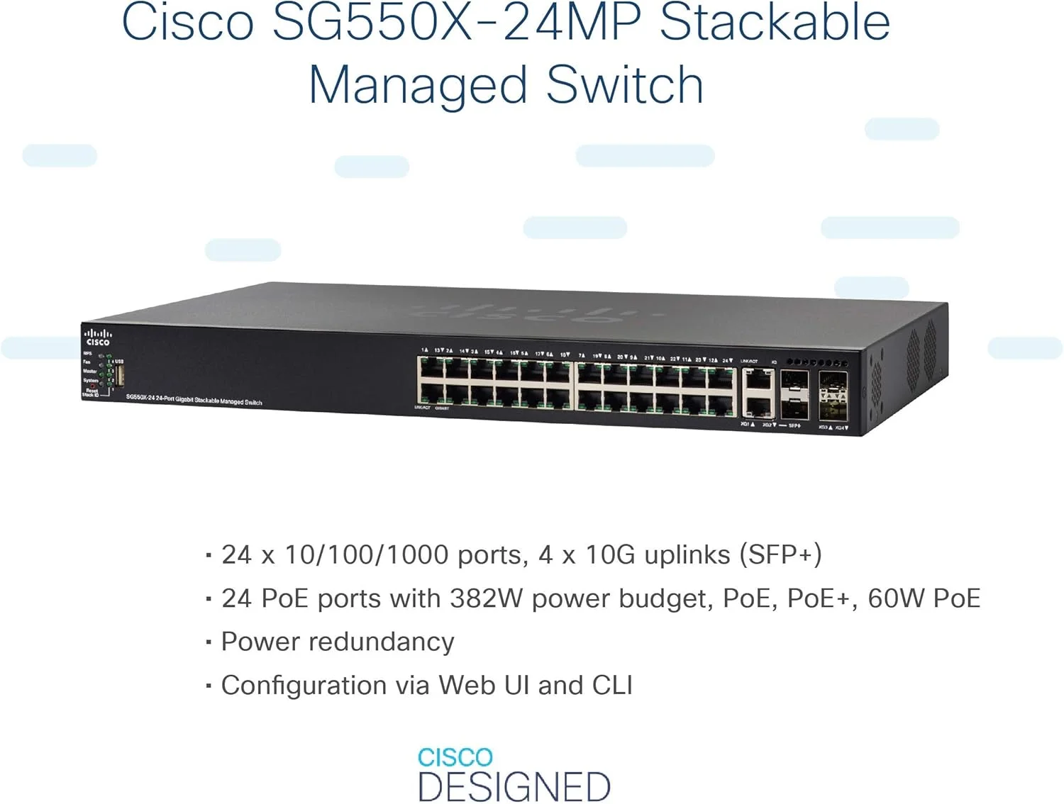 سوئیچ مدیریتی استک‌شونده سیسکو SG550X-24MP با 24 پورت گیگابیتی اترنت (GbE)، توان PoE 382W، 2 پورت کمبو 10G، 2 پورت SFP+ و مسیریابی داینامیک L3 (مدل SG550X-24MP-K9-NA)