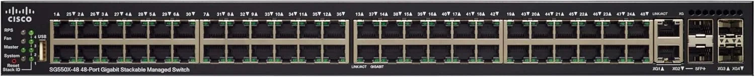 سوئیچ مدیریتی استک‌شدنی سیسکو SG550X-48MP، دارای 48 پورت گیگابیت اترنت (GbE)، توان PoE 740W، 2 پورت کمبو 10G، 2 پورت SFP+، مسیریابی دینامیک L3
