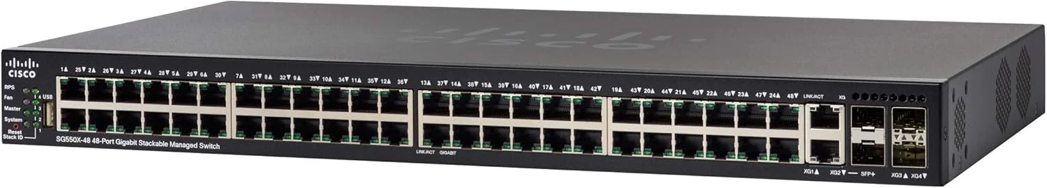 سوئیچ مدیریتی استک‌شونده سیسکو SG550X-48 با 48 پورت گیگابیتی اترنت (GbE)، 2 پورت کمبو 10G، 2 پورت SFP+، مسیریابی داینامیک L3، مشکی