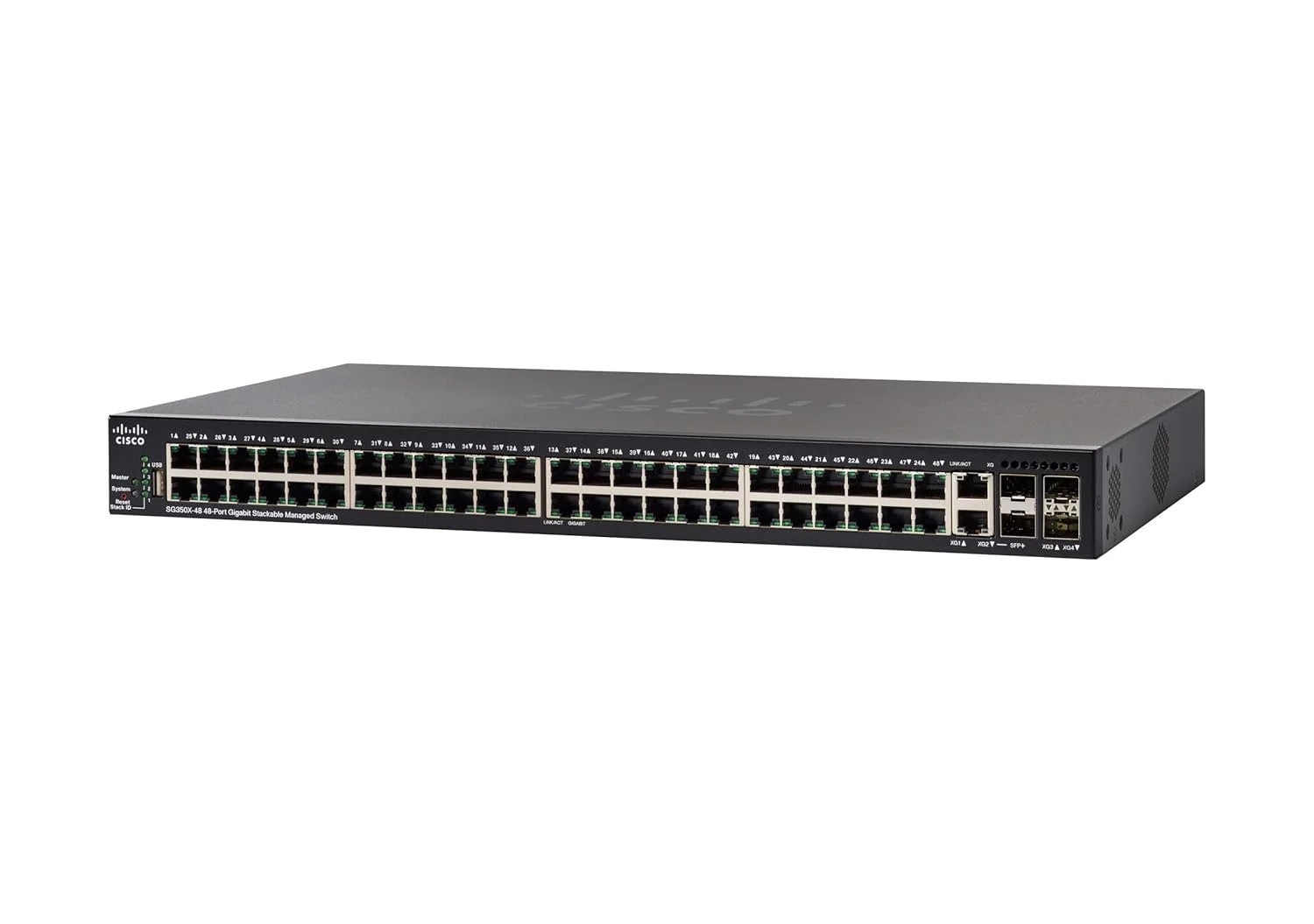 سوئیچ مدیریتی استک‌شونده سیسکو SG350X-48 با 48 پورت گیگابیت اترنت (GbE)، 2 پورت کمبو 10G + 2 پورت SFP+