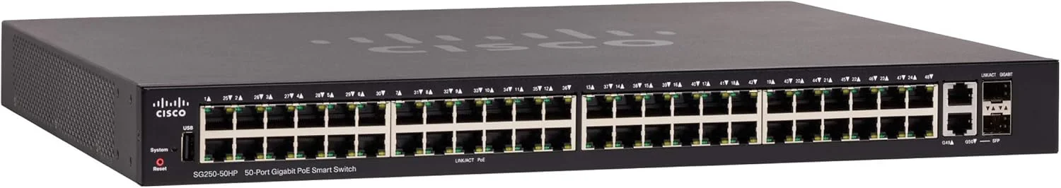 سوئیچ هوشمند سیسکو Cisco SG250-50HP با 50 پورت گیگابیتی اترنت (GbE) با 48 پورت گیگابیتی اترنت RJ45 و 2 پورت ترکیبی SFP گیگابیتی اترنت به همراه 192W PoE
