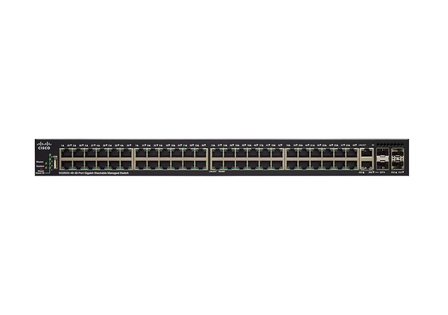سوئیچ مدیریتی استک‌شونده سیسکو SG350X-48 با 48 پورت گیگابیت اترنت (GbE)، 2 پورت کمبو 10G + 2 پورت SFP+