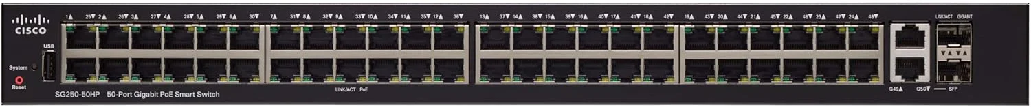 سوئیچ هوشمند سیسکو Cisco SG250-50HP با 50 پورت گیگابیتی اترنت (GbE) با 48 پورت گیگابیتی اترنت RJ45 و 2 پورت ترکیبی SFP گیگابیتی اترنت به همراه 192W PoE سوئیچ هوشمند سیسکو Cisco SG250-50HP با 50 پورت گیگابیتی اترنت (GbE) با 48 پورت گیگابیتی اترنت RJ45 و 2 پورت ترکیبی SFP گیگابیتی اترنت به همراه 192W PoE