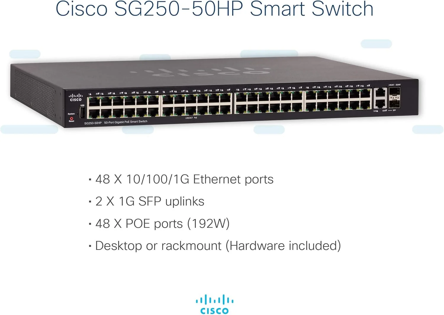 سوئیچ هوشمند سیسکو Cisco SG250-50HP با 50 پورت گیگابیتی اترنت (GbE) با 48 پورت گیگابیتی اترنت RJ45 و 2 پورت ترکیبی SFP گیگابیتی اترنت به همراه 192W PoE سوئیچ هوشمند سیسکو Cisco SG250-50HP با 50 پورت گیگابیتی اترنت (GbE) با 48 پورت گیگابیتی اترنت RJ45 و 2 پورت ترکیبی SFP گیگابیتی اترنت به همراه 192W PoE