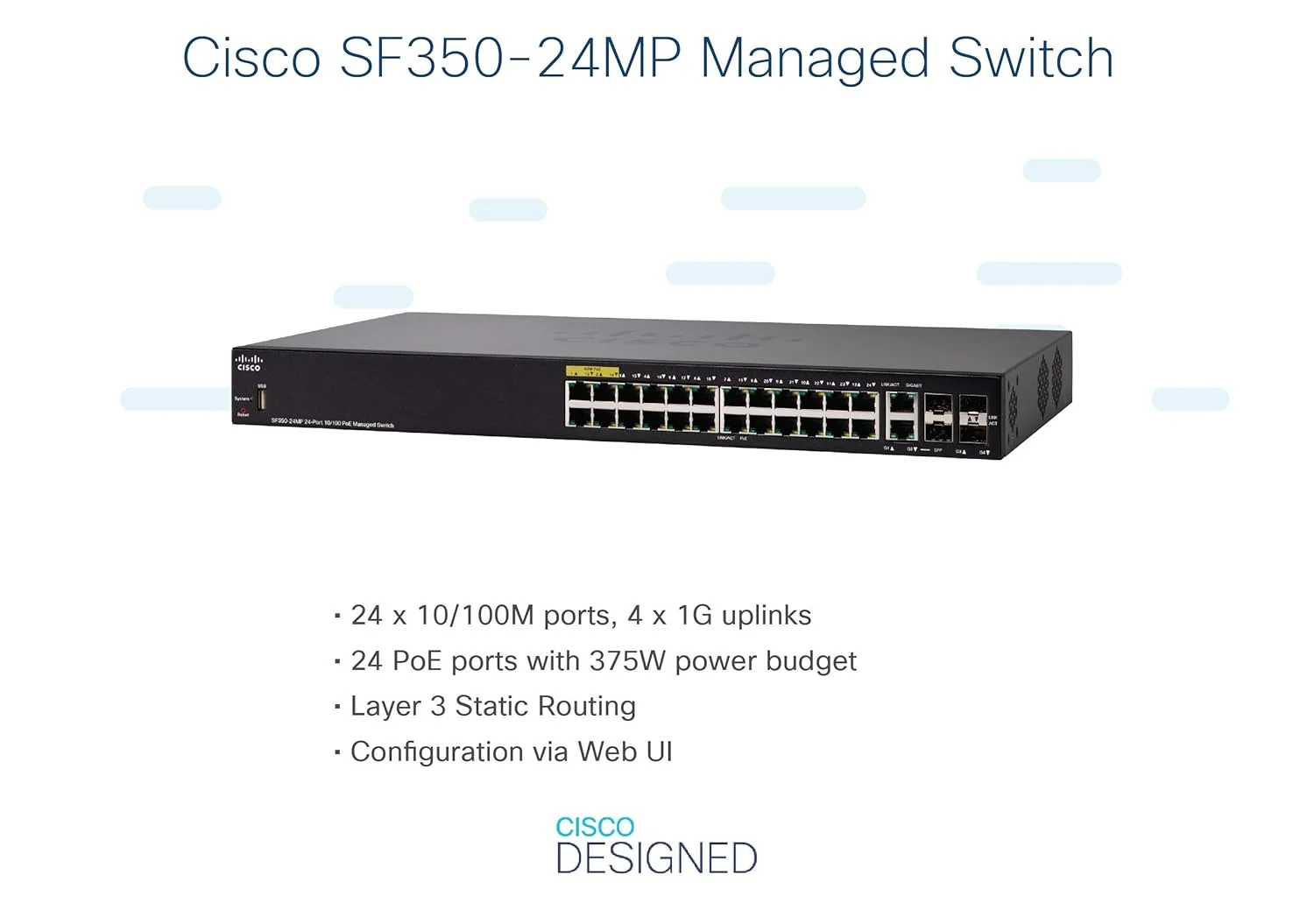 سوئیچ مدیریتی 24 پورت سیسکو SF350-24Mp 10/100 با حداکثر PoE سوئیچ مدیریتی 24 پورت سیسکو SF350-24Mp 10/100 با حداکثر PoE