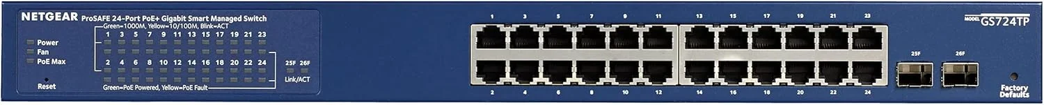 سوئیچ 24 پورت گیگابیتی اترنت مدیریتی هوشمند PoE نت گیر (GS724TP) - با 24 پورت PoE+ @ 190W، 2 پورت SFP 1G، قابل استفاده رومیزی/نصب در رک و ProSAFE سوئیچ 24 پورت گیگابیتی اترنت مدیریتی هوشمند PoE نت گیر (GS724TP) - با 24 پورت PoE+ @ 190W، 2 پورت SFP 1G، قابل استفاده رومیزی/نصب در رک و ProSAFE