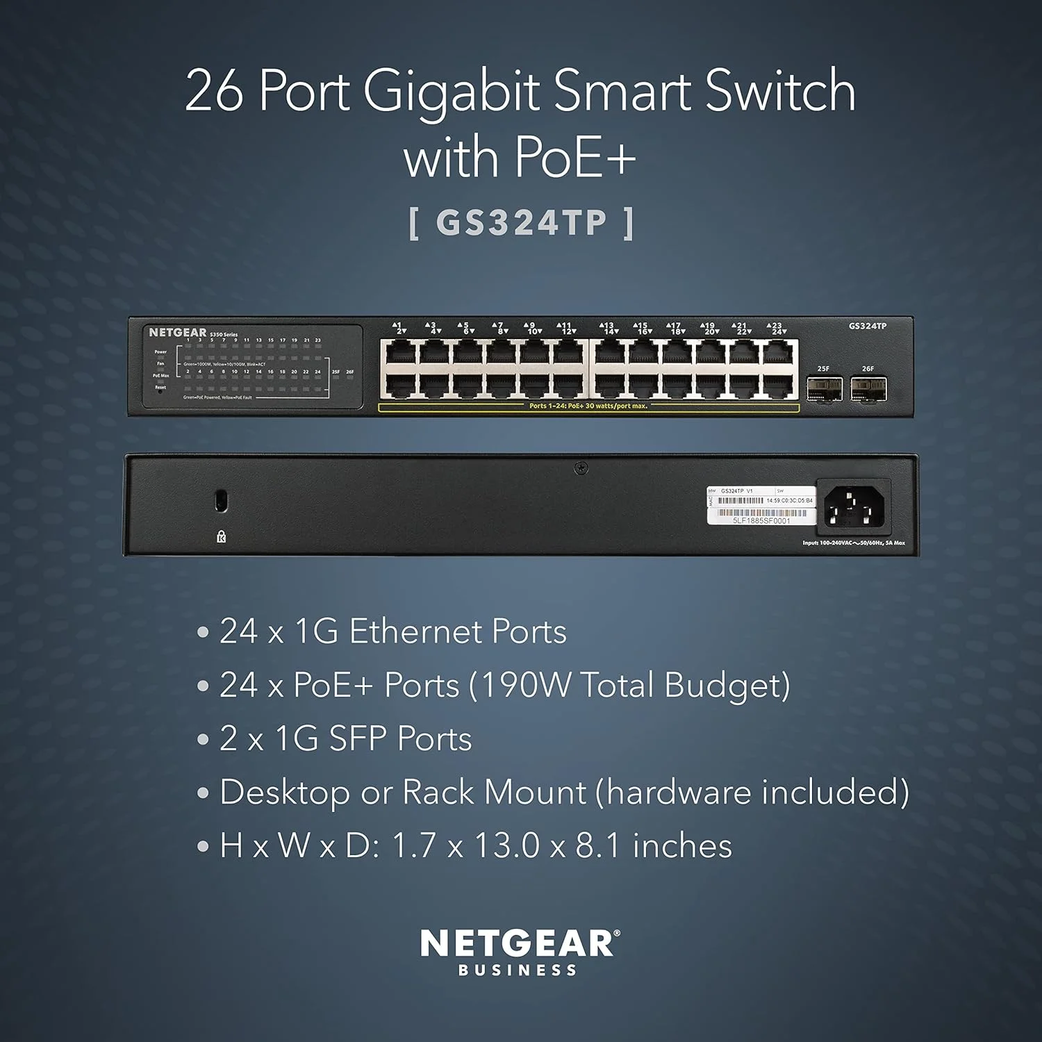 سوئیچ شبکه مدیریتی هوشمند 24 پورت PoE+ + 2 پورت SFP گیگابیتی NETGEAR GS324TP، هاب، اسپلیتر اینترنت، قابل نصب روی میز/رک، VLAN، IGMP، QoS سوئیچ شبکه مدیریتی هوشمند 24 پورت PoE+ + 2 پورت SFP گیگابیتی NETGEAR GS324TP، هاب، اسپلیتر اینترنت، قابل نصب روی میز/رک، VLAN، IGMP، QoS