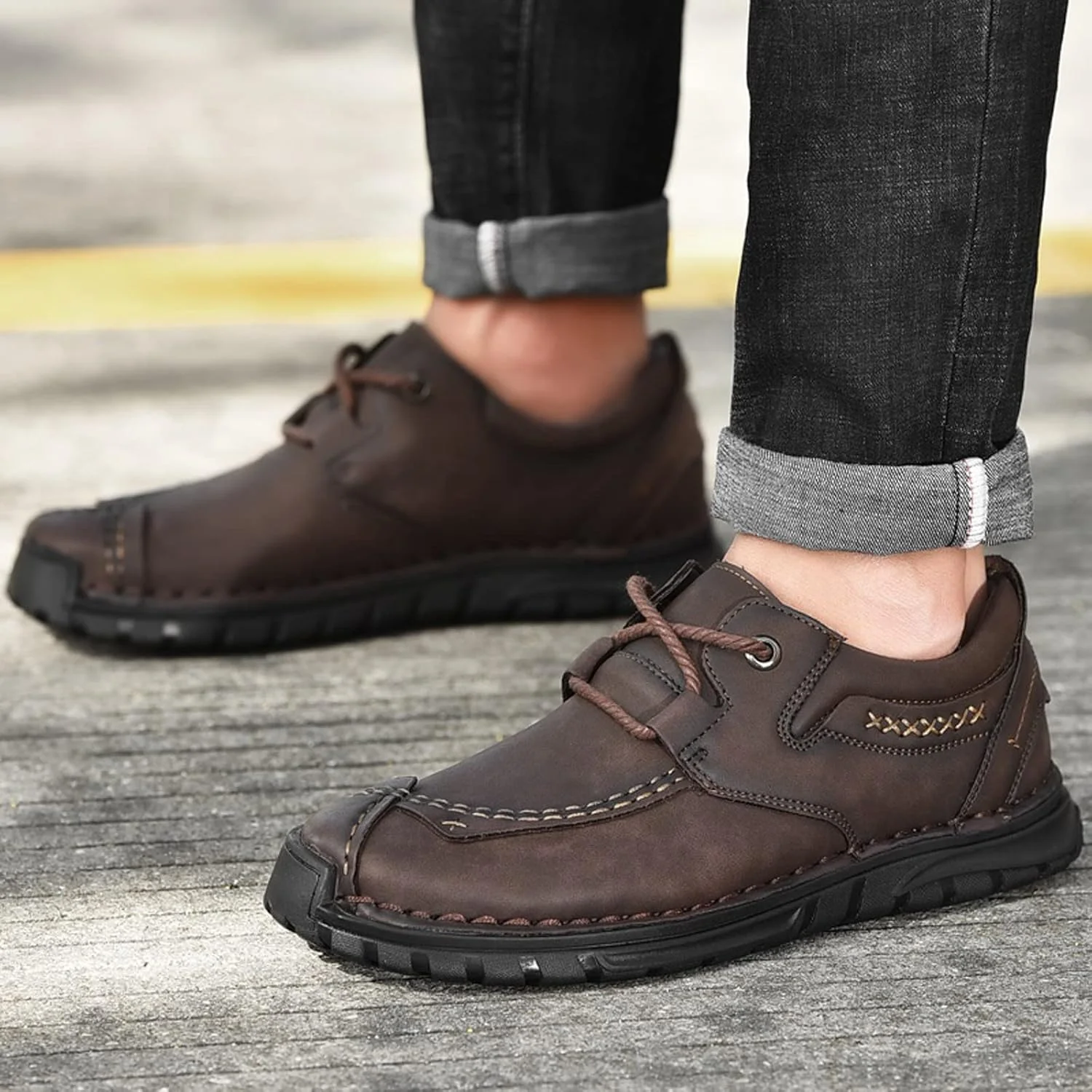 کفش های مردانه تابستانی HODORE، کفش های پیاده روی مردانه، کفش های کار مردانه، کفش های چرمی بند دار مردانه (رنگ: قهوه ای تیره، سایز: 7.5-US)