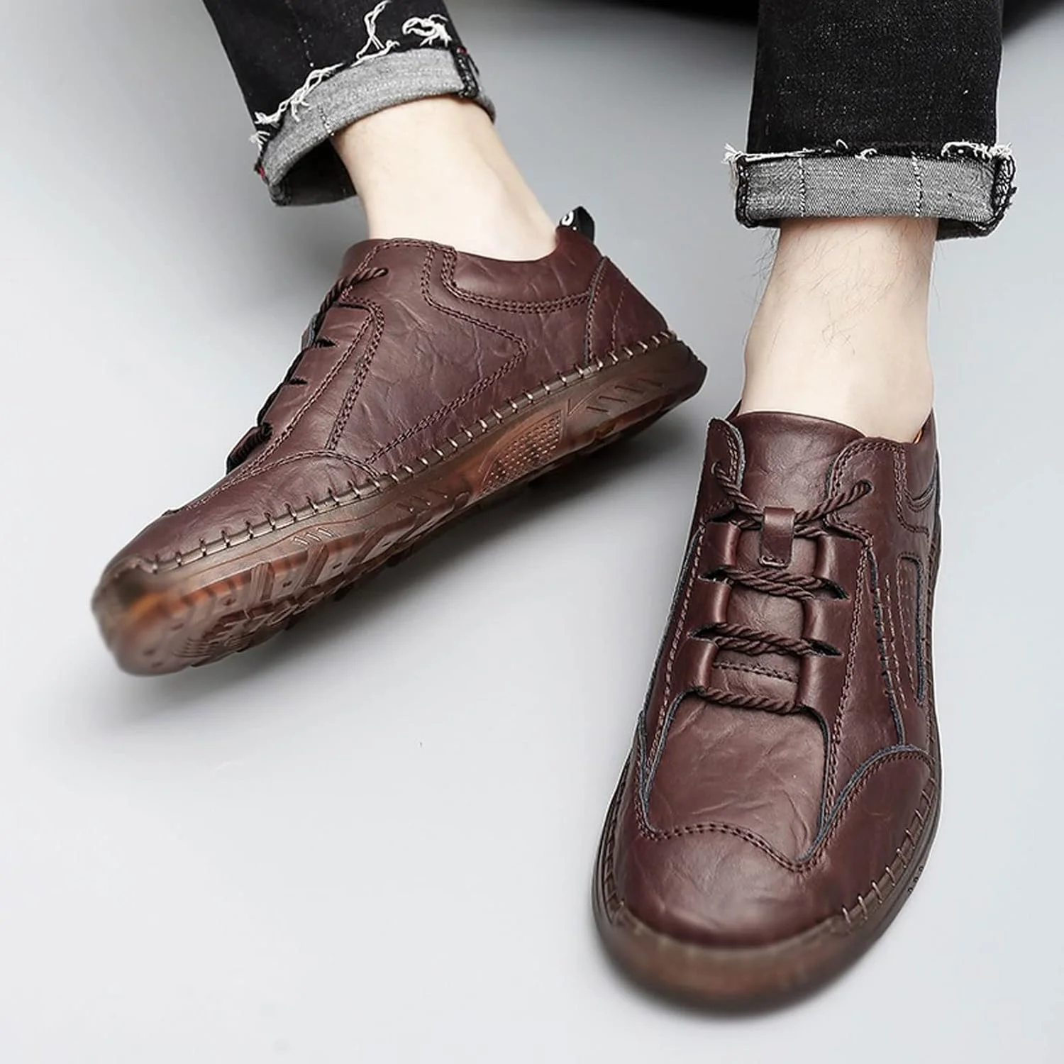 کفش های مجلسی مردانه تابستانی HODORE، کفش های کتانی مردانه مد روز، کفش های روزمره مردانه با رویه کوتاه، کفش های تخت مردانه، کفش های کتانی دست دوز (رنگ: قهوه ای، سایز: 8-US)