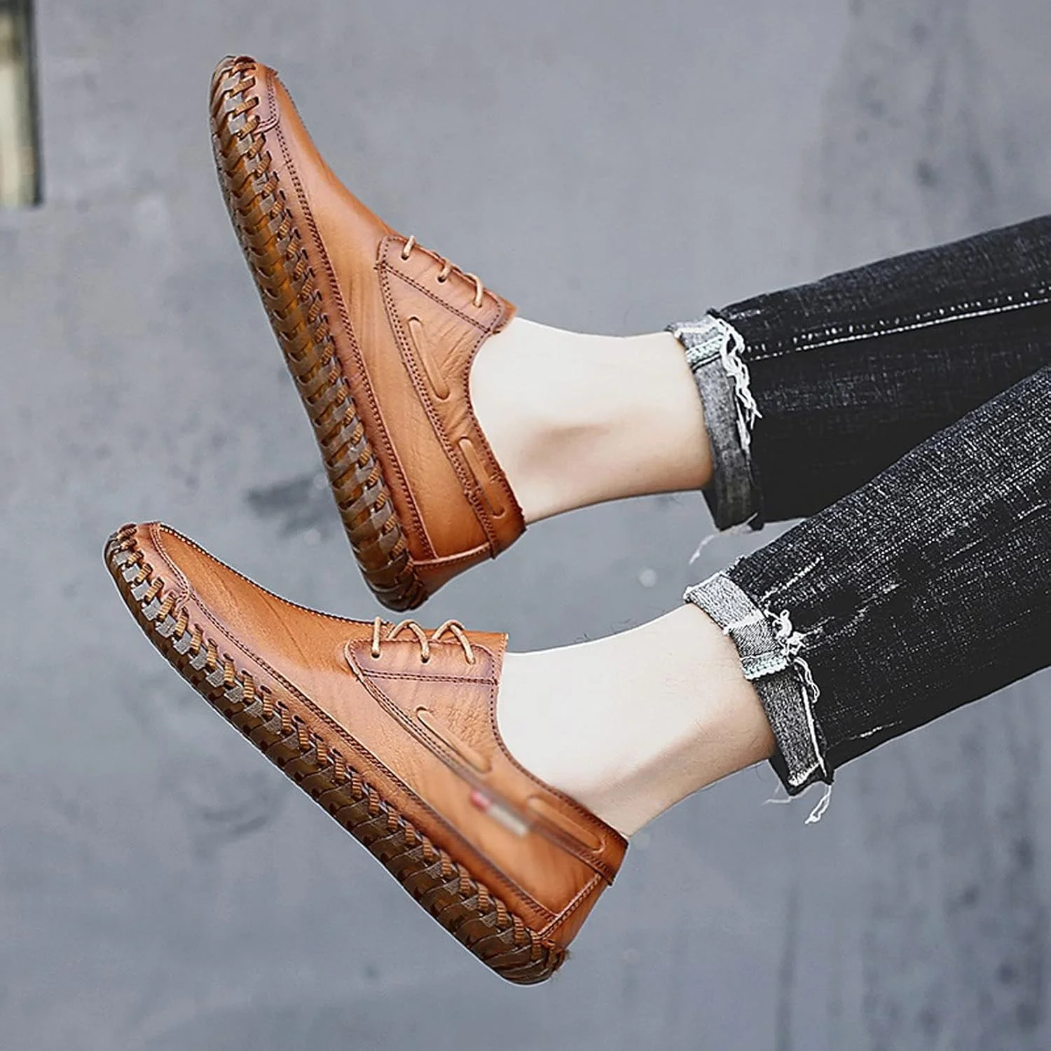 کفش های تابستانی مردانه HODORE، کفش های چرمی مشکی مردانه، کفش های کتانی تنفسی مد روز، کفش های پیاده روی دست ساز (رنگ: قهوه ای، سایز: 7.5-US)