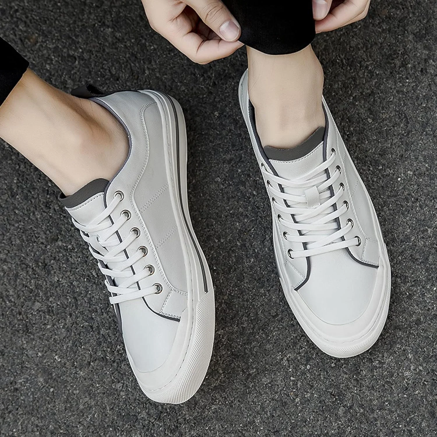 کفش های مردانه تابستانی HODORE، کفش های تخت غیر رسمی تابستانی بند دار، کفش های مد روز مردانه، کفش های کتانی سفید مردانه (سایز: 9.5-آمریکا)