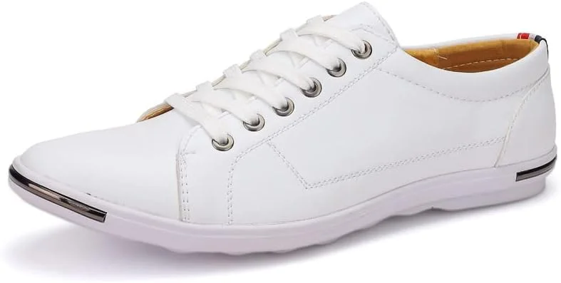 کفش مردانه چرم سایز بزرگ، کفش های سفید غیر رسمی، کفش های کتانی بند دار کلاسیک و تنفسی Zapatillas De Hombre (سفید، 43)