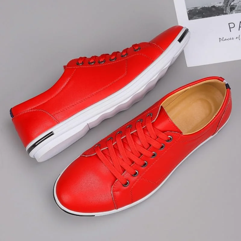 کفش مردانه چرم سایز بزرگ، کفش های سفید غیر رسمی، کفش های کتانی بند دار کلاسیک و تنفسی Zapatillas De Hombre (سفید، 43)