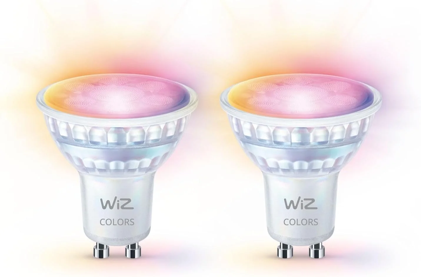 بسته 2 عددی چراغ های ال ای دی GU10 با قابلیت تنظیم رنگ و نور سفید WiZ (345 لومن)، چراغ های شیشه ای 50 واتی با 16 میلیون رنگ یا نور سفید گرم تا سرد قابل تنظیم، کنترل هوشمند نور از طریق WLAN با صدا/برنامه
